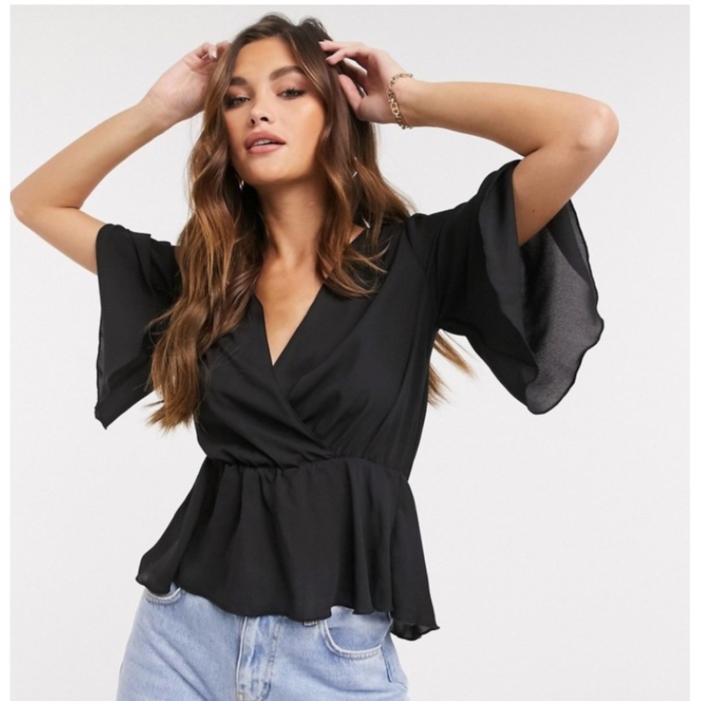 Flounce London basic plunge peplum top with sleeve in black